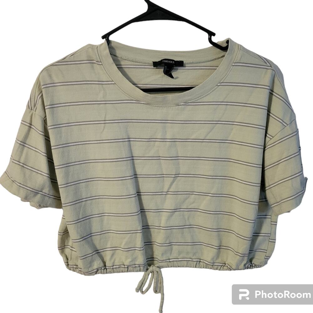 Forever21 Women's Small Crop Top with Waist Tie Green Stripes Short Sleeves